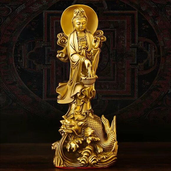 GUAN-YIN Riding a Dragon Fish BUDDHA STATUE Copper 9in Golden Metal Boddhisattva - Picture 3 of 10